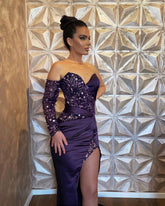 Vestido de fiesta sexy de sirena con lentejuelas y manga larga con abertura
